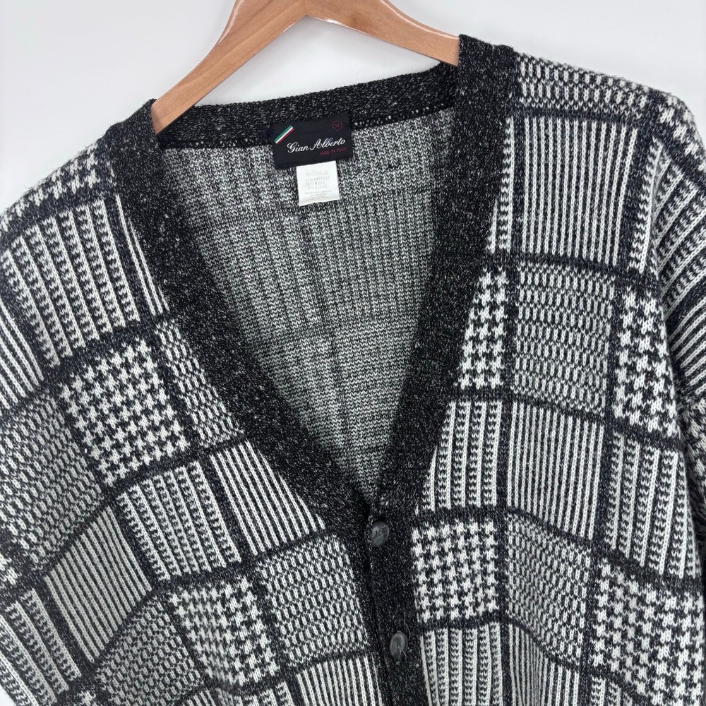 Vintage Gian Alberto Plaid Cardigan Sweater Mens XL Italy Grey Grandpa Wool Blnd